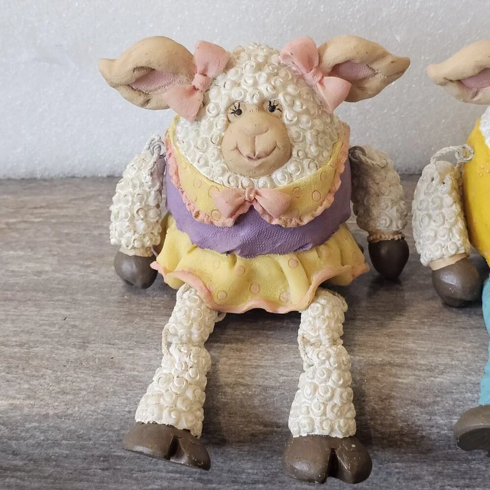 Vtg Anthropomorphic Sheep Girl Boy Shelf Sitters Figurines 2004 WMG Spring Decor
